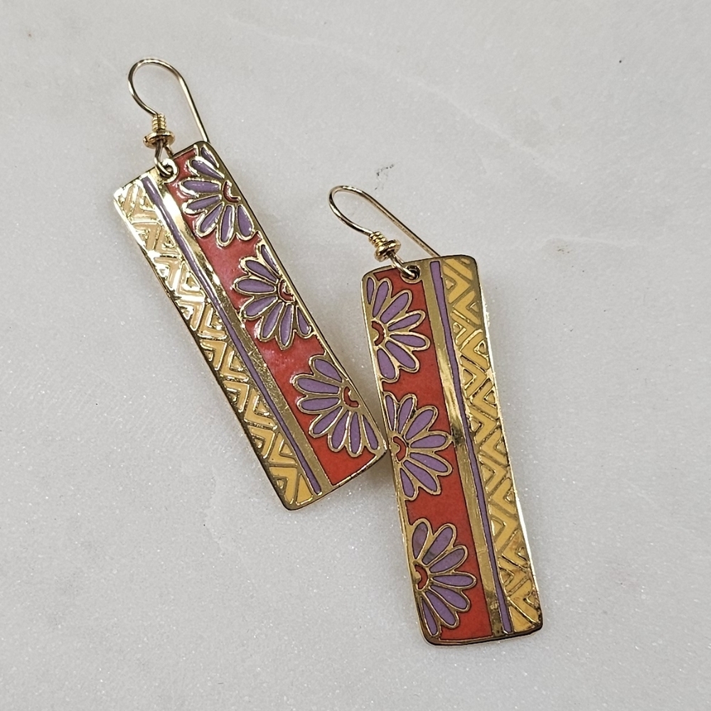 Laurel Burch 1993 Las Fores Signed Gold Tone Yellow and Red Enamel Earrings
